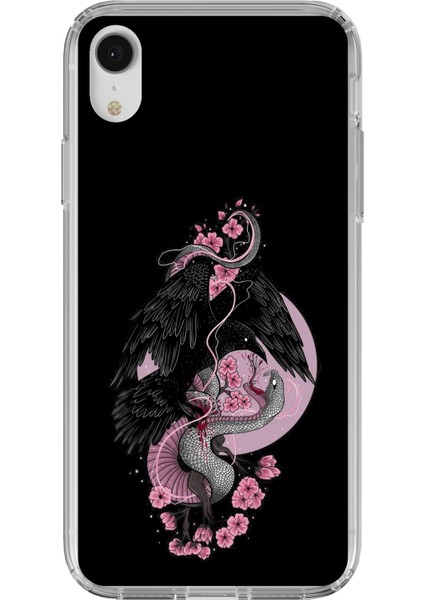 iPhone Xr Uyumlu Pembe Siyah Yılan Baskılı Silikon Kılıf