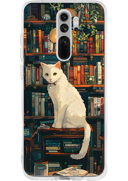 Redmi Note 8 Pro Uyumlu Kitaplık Beyaz Kedi Tasarımlı Baskılı Silikon Kılıf