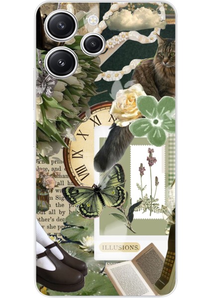 Redmi 12 Uyumlu Yeşil Estetik Pano Kolaj Baskılı Silikon Kılıf