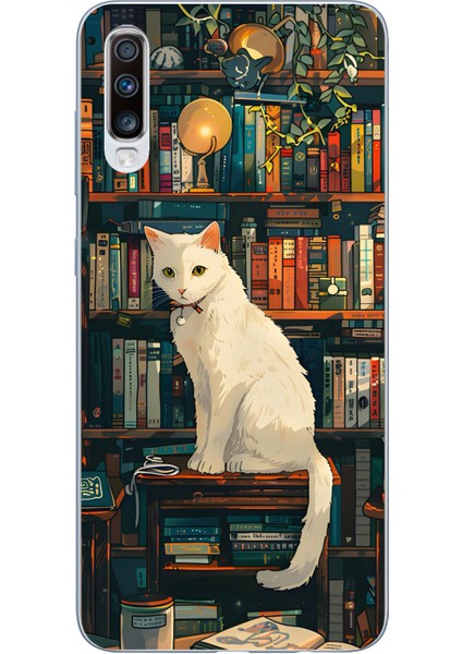 Samsung Galaxy A30S - A50 Uyumlu Kitaplık Beyaz Kedi Tasarımlı Baskılı Silikon Kılıf