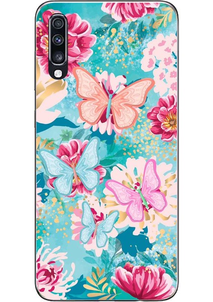 Samsung Galaxy A70 Uyumlu Kelebekler ve Çiçekler Baskılı Silikon Kılıf