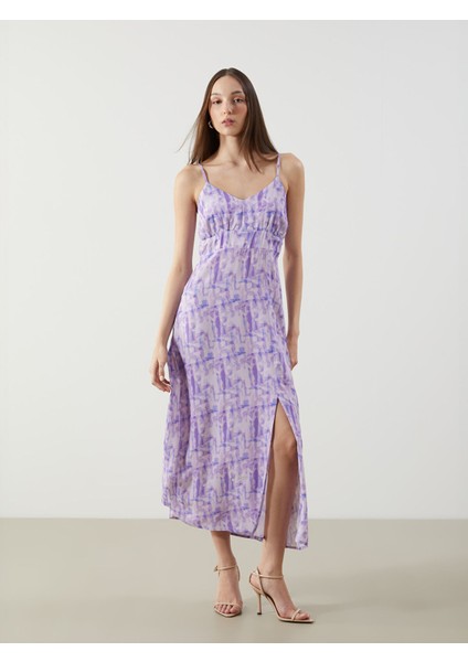 Yeni Sezon V Yaka Desenli Saten Elbise