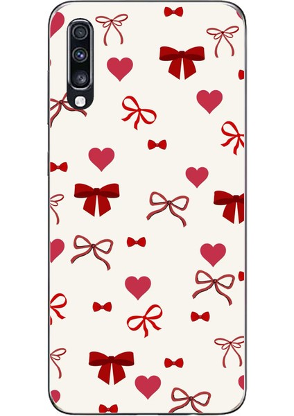 Samsung Galaxy A70 Uyumlu Bordo Kalp ve Fiyonklar Baskılı Silikon Kılıf