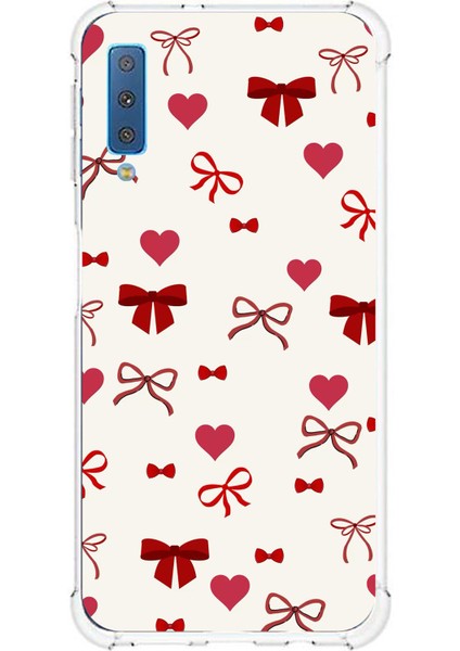 Samsung Galaxy A7 2018 Uyumlu Bordo Kalp ve Fiyonklar Baskılı Silikon Kılıf