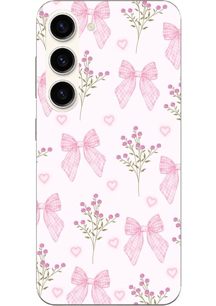 Samsung Galaxy S23 Uyumlu Pembe Çiçek ve Fiyonklar Baskılı Silikon Kılıf