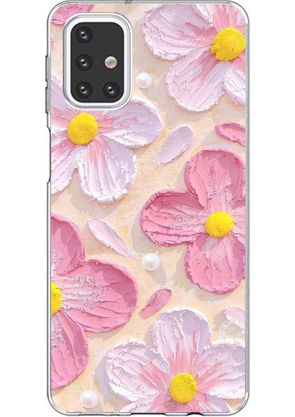 Samsung Galaxy M31S Uyumlu Pembe Beyaz Çiçekler Sulu Boya Baskılı Silikon Kılıf