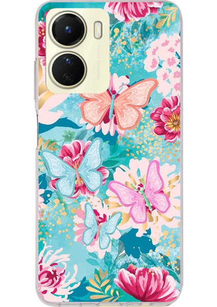 Vivo Y16 Uyumlu Kelebekler ve Çiçekler Baskılı Silikon Kılıf