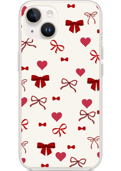 iPhone 13 - 14 Uyumlu Bordo Kalp ve Fiyonklar Baskılı Silikon Kılıf