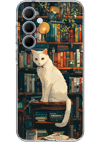 Samsung Galaxy A35 Uyumlu Kitaplık Beyaz Kedi Tasarımlı Baskılı Silikon Kılıf