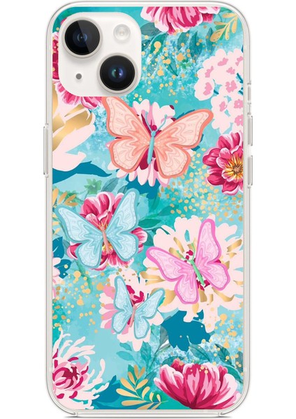 iPhone 13 - 14 Uyumlu Kelebekler ve Çiçekler Baskılı Silikon Kılıf