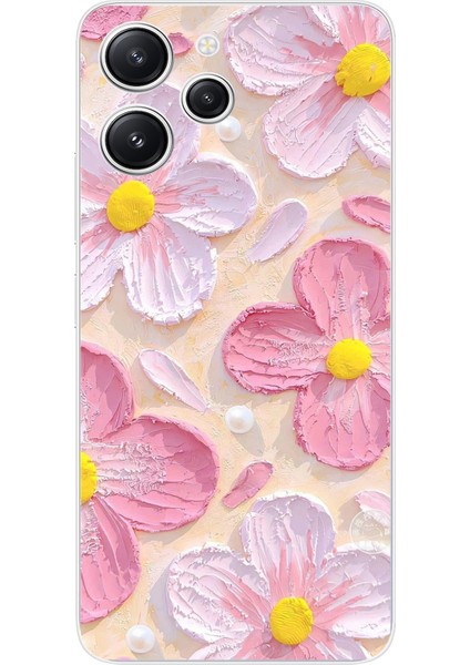 Redmi 12 Uyumlu Pembe Beyaz Çiçekler Sulu Boya Baskılı Silikon Kılıf
