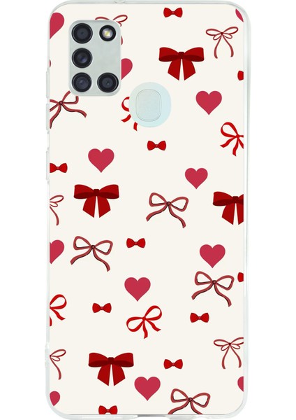 Samsung Galaxy A21S Uyumlu Bordo Kalp ve Fiyonklar Baskılı Silikon Kılıf
