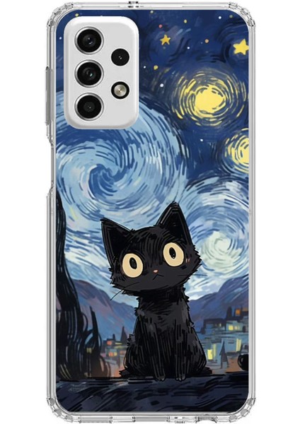 Samsung Galaxy A73 Uyumlu Gece Yarısı Kedi Tasarımlı Baskılı Silikon Kılıf