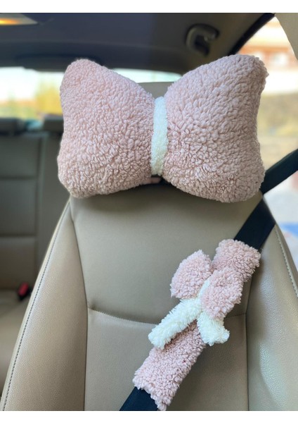 Oto Koltuğu Boyun Yastığı ve Emniyet Kemeri Kılıfı-Pudra -Pelüş Araç Yastığı ve Emniyet Kemeri Seti