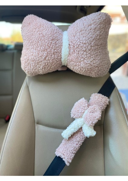 Oto Koltuğu Boyun Yastığı ve Emniyet Kemeri Kılıfı-Pudra -Pelüş Araç Yastığı ve Emniyet Kemeri Seti fiyatları