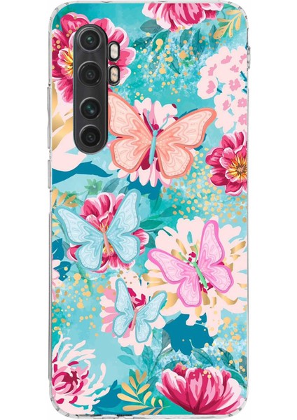 Mi Note 10 Lite Uyumlu Kelebekler ve Çiçekler Baskılı Silikon Kılıf