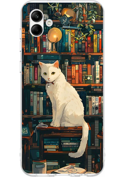 Samsung Galaxy A06 Uyumlu Kitaplık Beyaz Kedi Tasarımlı Baskılı Silikon Kılıf