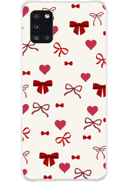 Samsung Galaxy A31 Uyumlu Bordo Kalp ve Fiyonklar Baskılı Silikon Kılıf