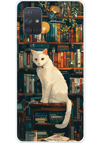 Samsung Galaxy A71 Uyumlu Kitaplık Beyaz Kedi Tasarımlı Baskılı Silikon Kılıf