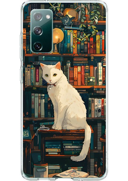Samsung Galaxy S20 Fe Uyumlu Kitaplık Beyaz Kedi Tasarımlı Baskılı Silikon Kılıf