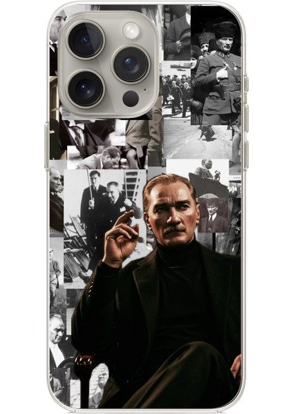 iPhone 15 Pro Max Uyumlu Mustafa Kemal Atatürk Kolaj Baskılı Silikon Kılıf