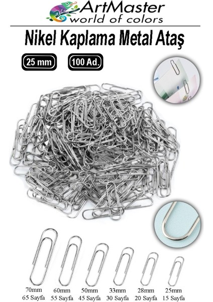 Metal Ataç 25MM 100 Lü 1 Paket Nikel Kaplama 15 Sayfa Kapasiteli Metal Ataş Ofis Okul Büro Dayanıklı Paslanmaz