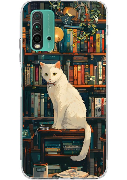 Redmi 9t - Poco M3 Uyumlu Kitaplık Beyaz Kedi Tasarımlı Baskılı Silikon Kılıf