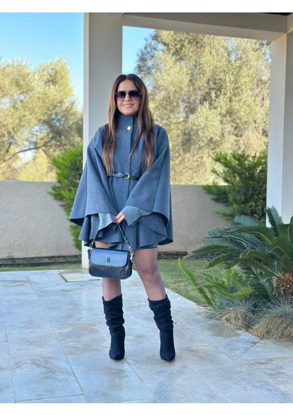 Gri Gold Düğmeli Panço modelleri