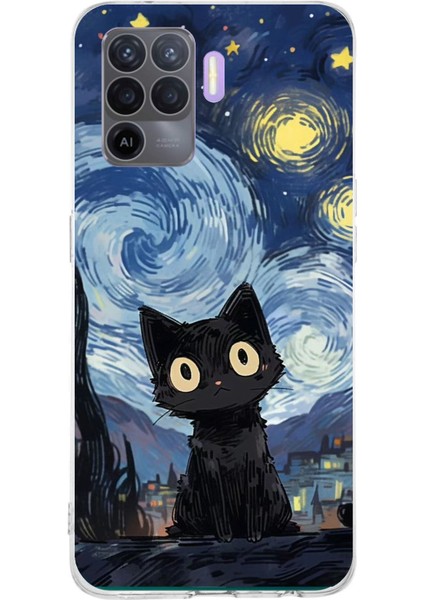 Oppo Reno 5 Lite Uyumlu Gece Yarısı Kedi Tasarımlı Baskılı Silikon Kılıf