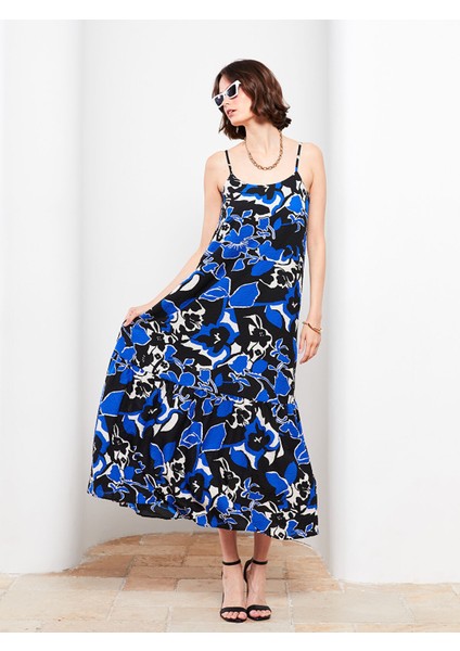 Yeni Sezon U Yaka Desenli Askılı Elbise