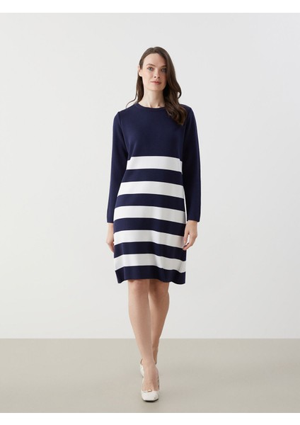 Yeni Sezon Bisiklet Yaka Renk Bloklu Kadın Triko Elbise