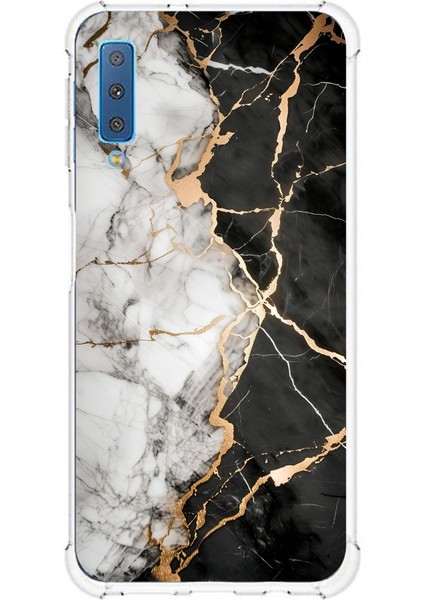 Samsung Galaxy A7 2018 Uyumlu Siyah Beyaz Mermer Baskılı Silikon Kılıf