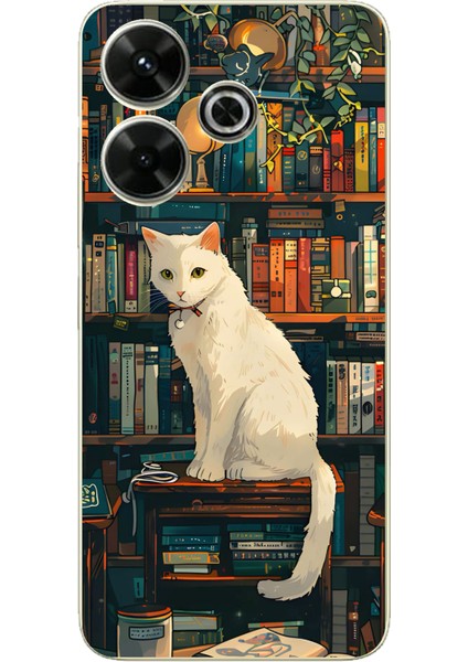 Redmi 13 Uyumlu Kitaplık Beyaz Kedi Tasarımlı Baskılı Silikon Kılıf