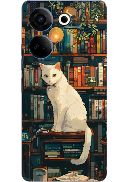 Tecno Camon 20 - 20 Pro 4g Uyumlu Kitaplık Beyaz Kedi Tasarımlı Baskılı Silikon Kılıf