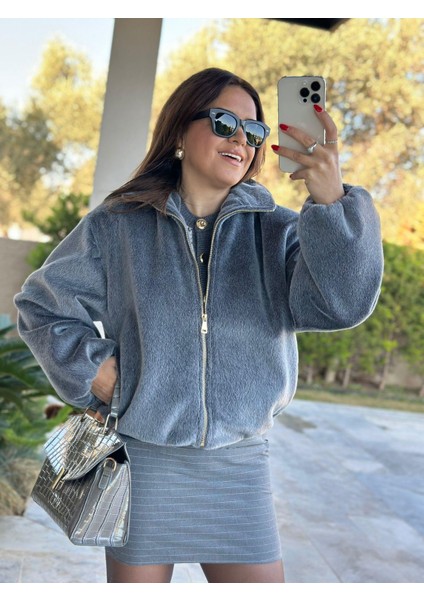 Gri Lastikli Peluş Ceket