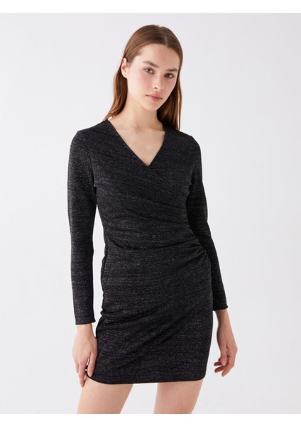 Yeni Sezon Kruvaze Yaka Parlak Görünümlü Elbise