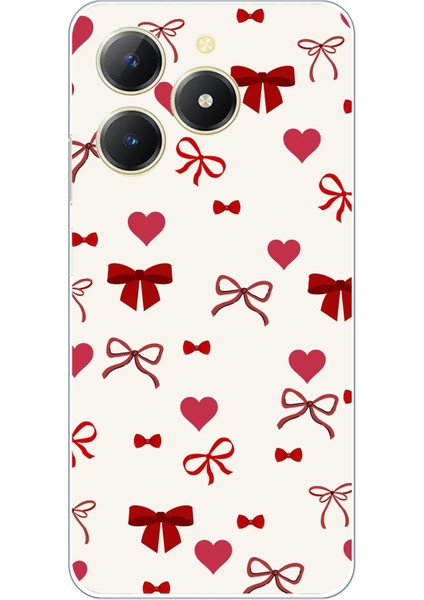 Realme C61 Uyumlu Bordo Kalp ve Fiyonklar Baskılı Silikon Kılıf
