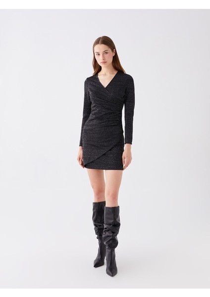 Yeni Sezon Kruvaze Yaka Parlak Görünümlü Elbise indirimleri