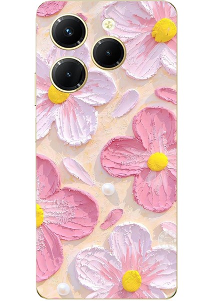 Tecno Spark 20 Pro Uyumlu Pembe Beyaz Çiçekler Sulu Boya Baskılı Silikon Kılıf