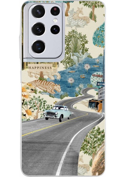 Samsung Galaxy S21 Ultra Uyumlu Yeşil Sanatsal Yol Çiçekler Baskılı Silikon Kılıf