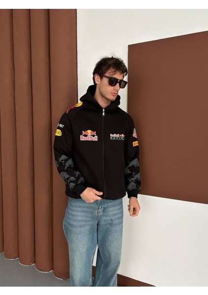 Redbull Siyah Kapşonlu Unisex Oversize Dokuma Logo Kol Desenlipamuklu Hırka