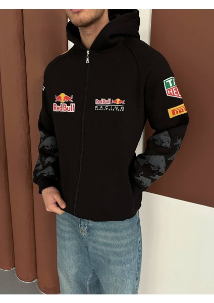 Redbull Siyah Kapşonlu Unisex Oversize Dokuma Logo Kol Desenlipamuklu Hırka fiyatları
