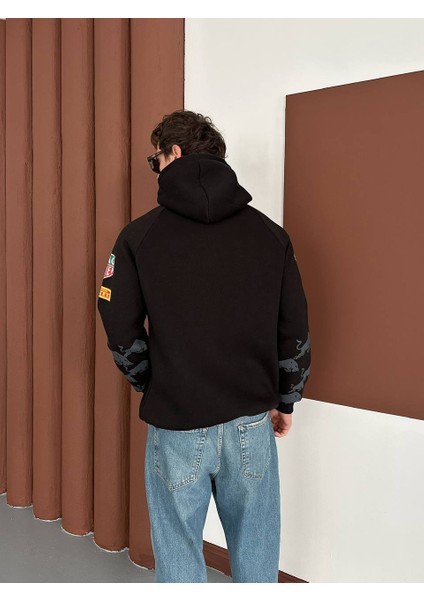 Redbull Siyah Kapşonlu Unisex Oversize Dokuma Logo Kol Desenlipamuklu Hırka modelleri