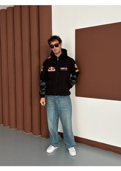 Redbull Siyah Kapşonlu Unisex Oversize Dokuma Logo Kol Desenlipamuklu Hırka fırsatları
