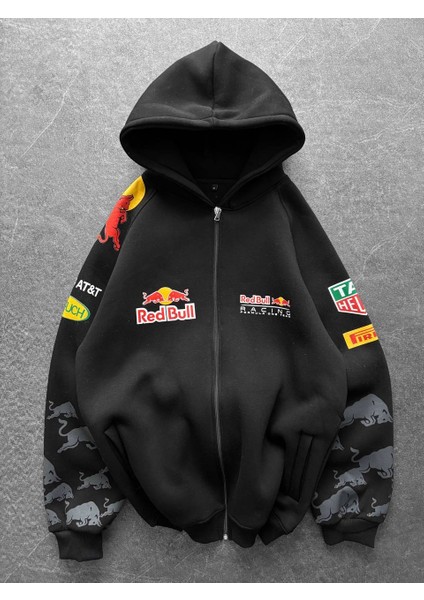 Redbull Siyah Kapşonlu Unisex Oversize Dokuma Logo Kol Desenlipamuklu Hırka indirimleri