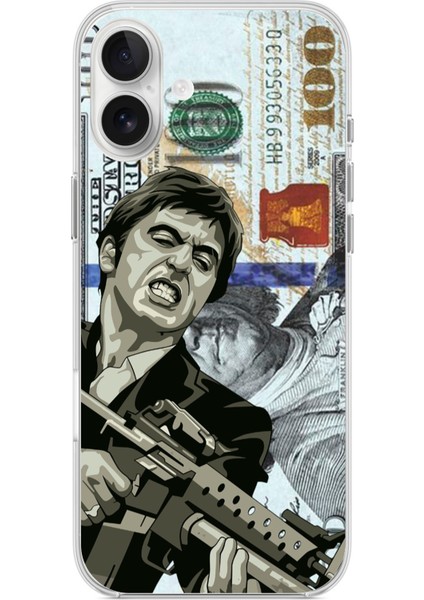 iPhone 16 Plus Uyumlu Scarface Dolar Tasarımlı Baskılı Silikon Kılıf