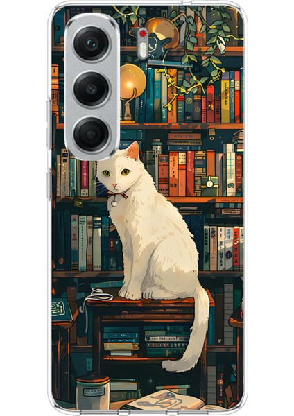 Tecno Camon 40 Pro Uyumlu Kitaplık Beyaz Kedi Tasarımlı Baskılı Silikon Kılıf