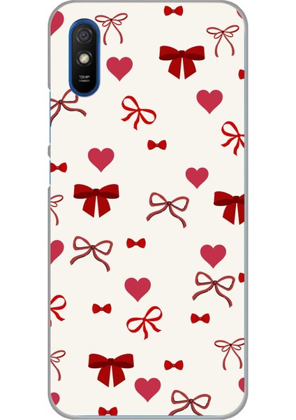Redmi 9A Uyumlu Bordo Kalp ve Fiyonklar Baskılı Silikon Kılıf