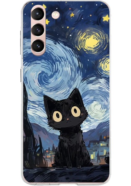 Samsung Galaxy S21 Uyumlu Gece Yarısı Kedi Tasarımlı Baskılı Silikon Kılıf