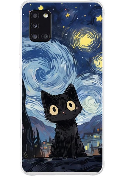 Samsung Galaxy A31 Uyumlu Gece Yarısı Kedi Tasarımlı Baskılı Silikon Kılıf